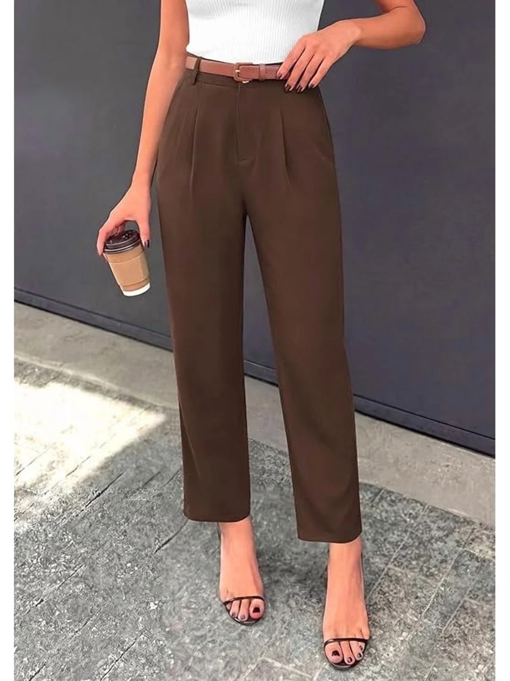 High-Waist Straight Leg Women’s Pants — Brown